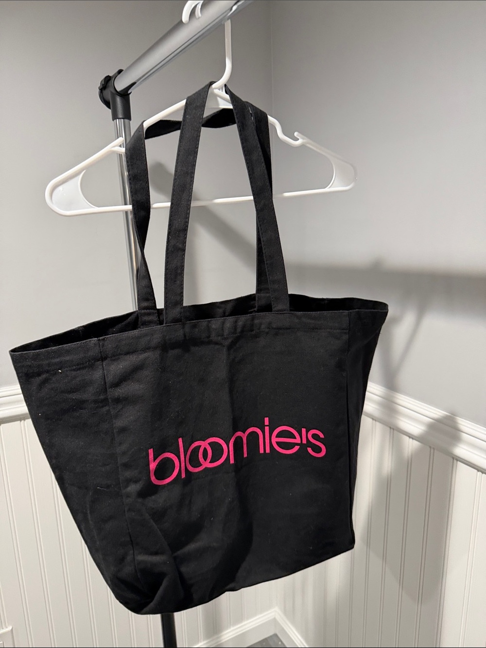 Bloomingdale's Black Canvas Tote with Pink Logo